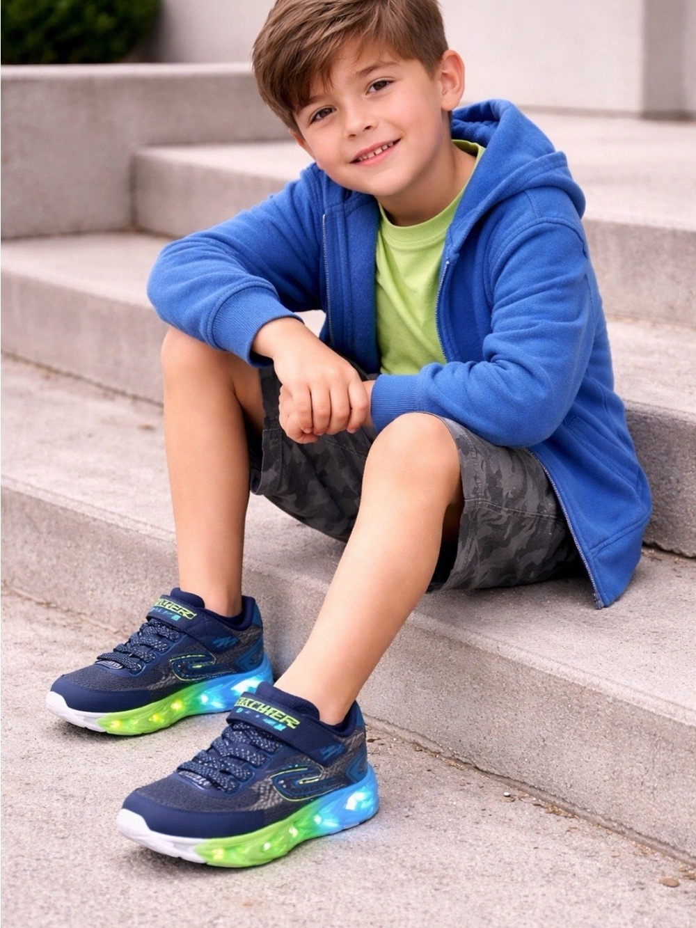 Skechers Kids Navy Blue Sneakers with Green and Light-Up Soles